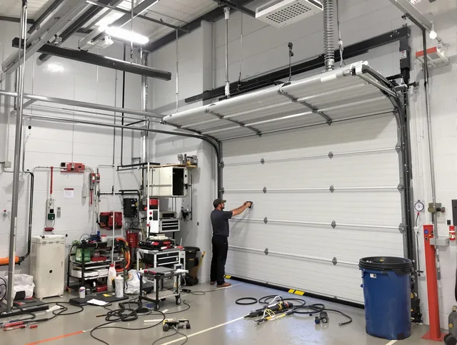 Moreno Valley Garage Door Repair certified technician performing commercial door repair at a Moreno Valley business facility