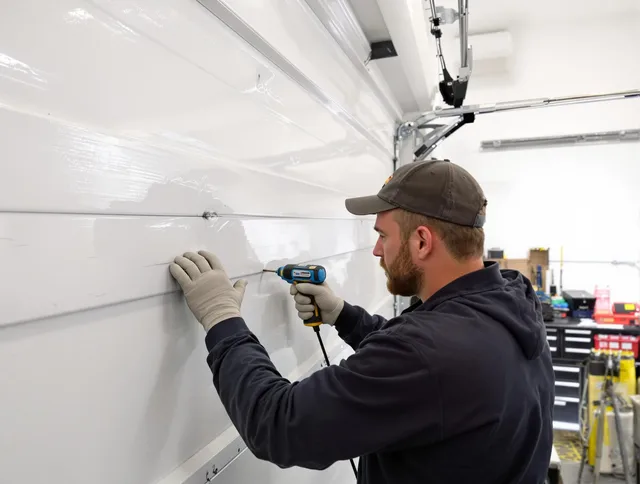Moreno Valley Garage Door Repair technician demonstrating precision dent removal techniques on a Moreno Valley garage door