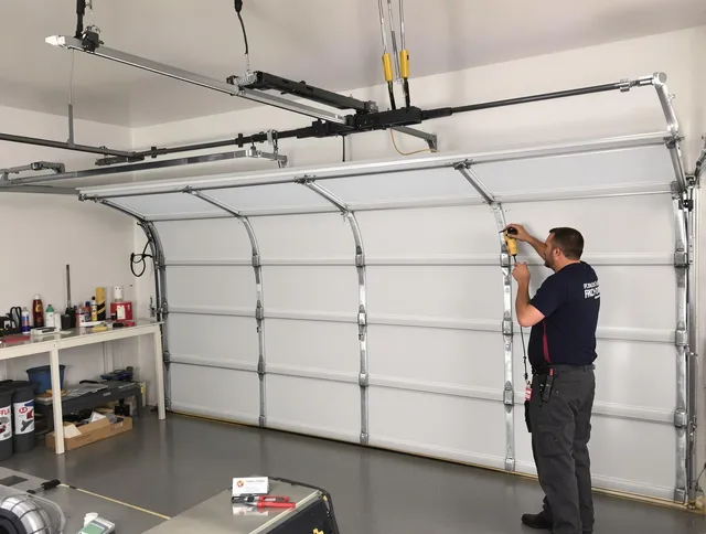 Moreno Valley Garage Door Repair certified technician performing overhead door system repair in Moreno Valley