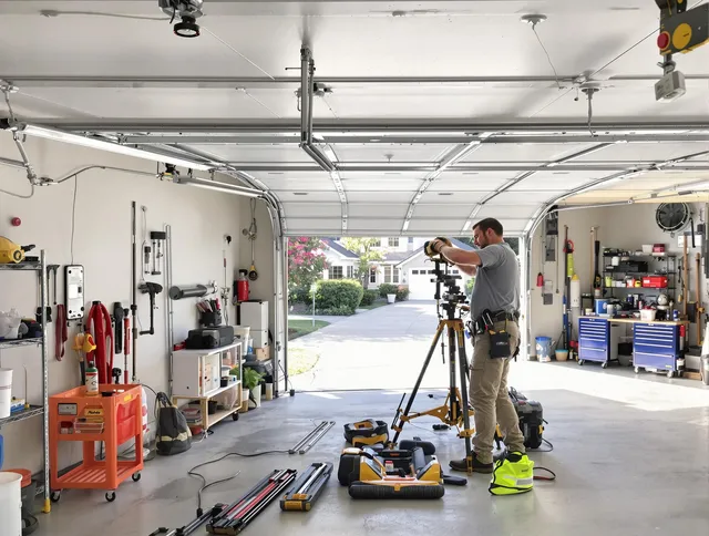 Moreno Valley Garage Door Repair specialist performing laser-guided track alignment in Moreno Valley